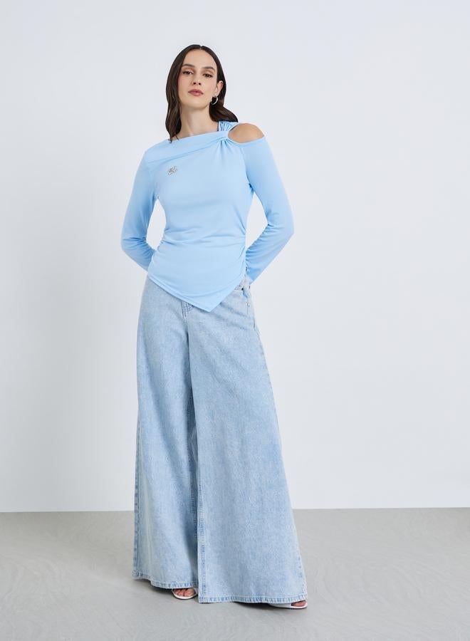 Styli Women Blue Asymmetric Hem Long Sleeve Top - Image 2